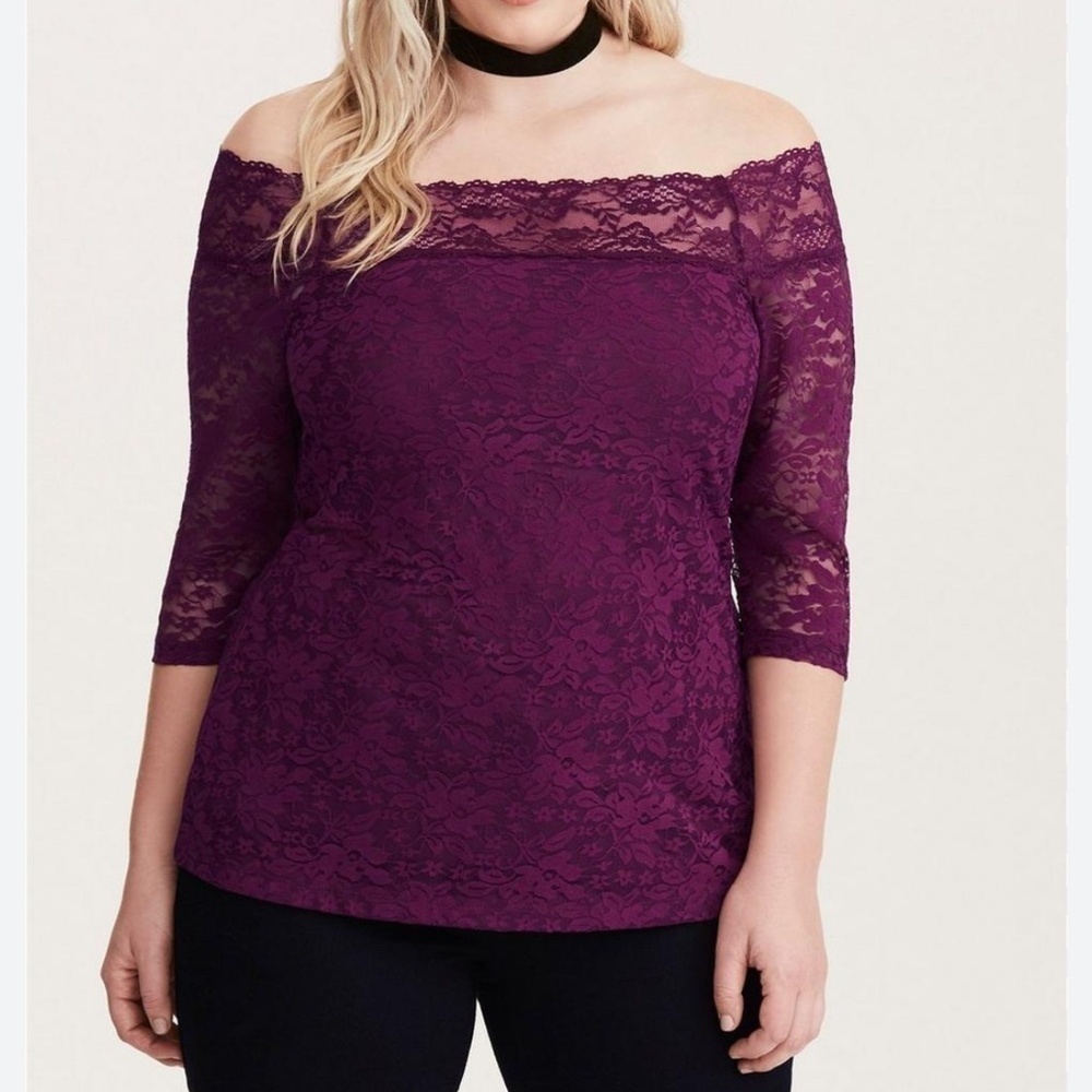 Torrid Top Women 5X Purple Off Shoulder Pullover Lace Silky Mature Romantic 80s